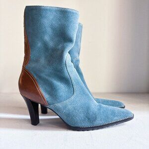 Vintage Blue Suede Pointy Toe Zip up Booties 8.5